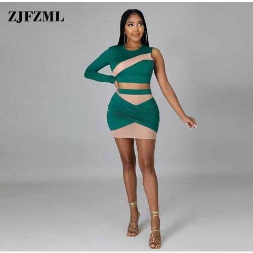 Elegant Two Piece Skirt Set Mesh Spliced See Through Clothing Single Full Sleeve Crop Top and Bodycon Mini Dress Co Ord Suits