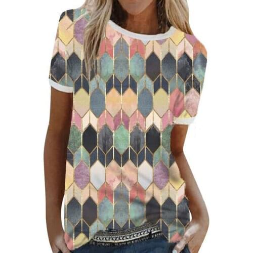 Summer Cotton Womens T-Shirt Round Collar Short Sleeve Pullover Geometric Patchwork Loose Fashion Streetwear T-Shirt