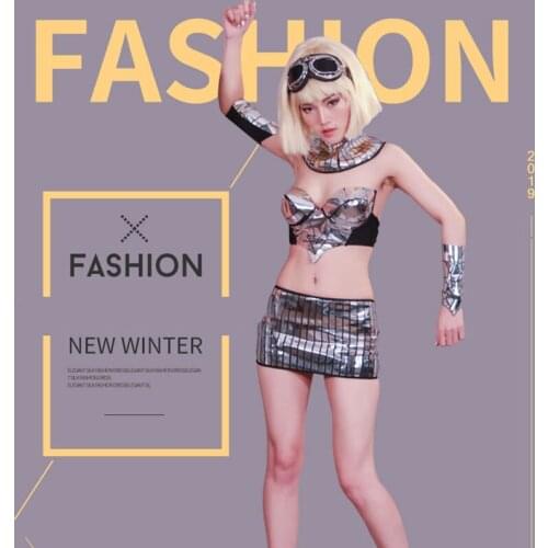 2019 Nightclub Mirror Costume Women Silver Mirror Sets Clothes Festival Outfit Evening Wear GoGo Dance Costume DJ Costume VDB755