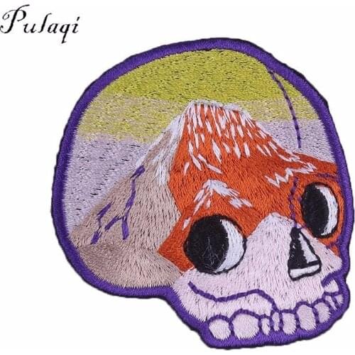Pulaqi Cool Yellow Mountain Punk Skull Iron On Patches For Clothing Parches Embriodered Badges DIY Bags Accessories Cloth