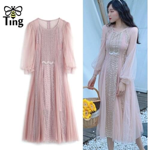 Tingfly Sweet Soft Girl Summer Mesh Casual Knee Length Dress Lace & Beading A Line Dress Lady Egirl Vestidos Streetwear Za