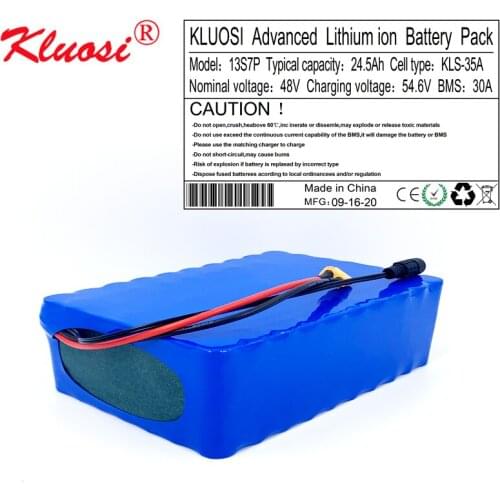 KLUOSI 48V Battery 13S7P 48V 24.5Ah 24Ah 54.6V Li-ion Battery Pack for Motor Electric Scooter Vehicle Ebike Bicycle with 30A BMS