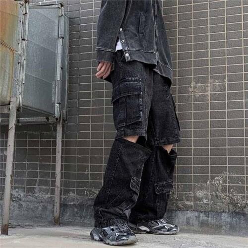 KIOVNO Mens Cargo Vintage Jeans Multi Pockets Streetwear Denim Trousers For Male Detachable Leg Pathchwork