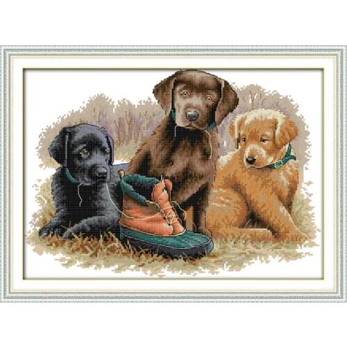 Joy Sunday Three Dogs Home Decor Chinese Counted Printed Canvas Cross Stitch Pattern Diy Kits 11&14CT Embroidery Needlework Sets