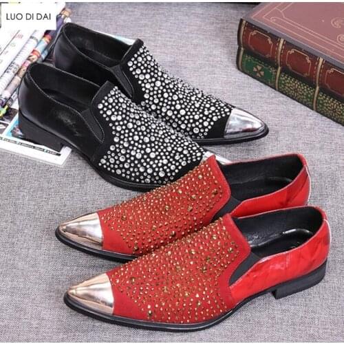 New men dress shoes point toe loafers wedding shoes men party shoes iron toe business shoes rhinestone stud loafers male