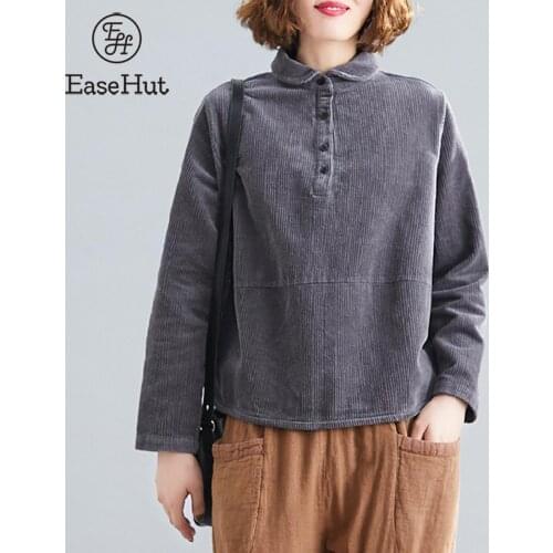 EaseHut Autumn Winter Vintage Women Corduroy Coat Solid Color Turn-down Collar Long Sleeve Retro Loose Casual Hoodies Female