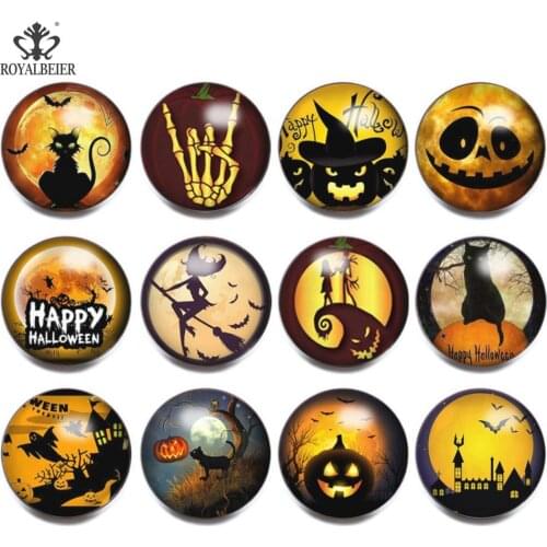 RoyalBeier 12pcs/lot Random Mix Halloween 18mm Glass Snap Button Pumpkin Lantern Ghost Zombie Demon Fit Snap Bracelet Jewelry
