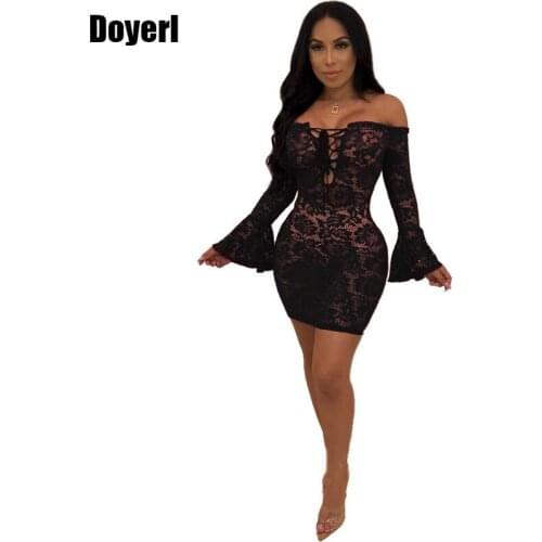 Sexy Black Sheer Floral Lace Dress Women Flare Long Sleeve Lace Up Off Shouler Bodycon Mini Dress Night Club Party Short Dress