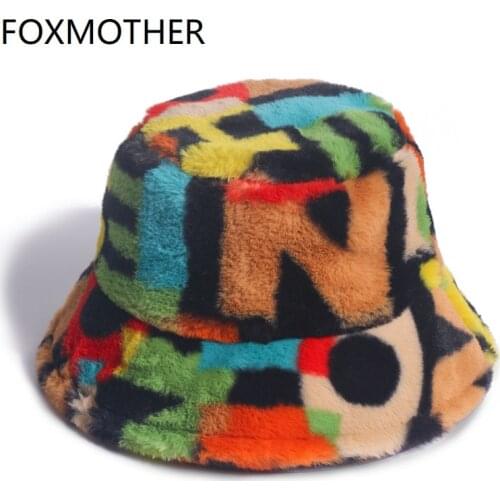 FOXMOTHER New Outdoor Multicolor Rainbow Faux Fur Letter Pattern Bucket Hats Women Winter Soft Warm Gorros Mujer