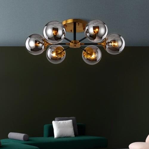 Modern Living room LED Chandelier Smoke grey/Clear Glass Dining room Bedroom Pendant Lamp Gold Home Deco Hanging Light Fixtures
