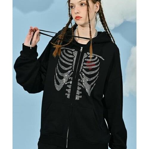 Street fashion autumn and winter new long sleeve womens wear with Hat Halloween crystal diamond Skull Pattern coat Plush jacket