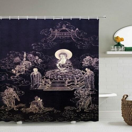 Chinese style Buddha Pattern Shower Curtain Bathroom Waterproof Polyester Fabric Home Decoration Bath Curtains with Hooks