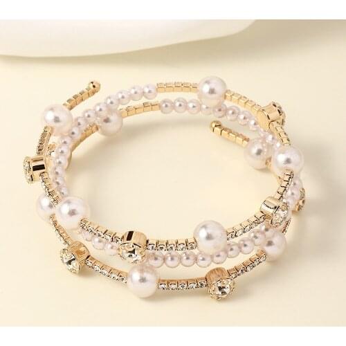 Gold Color Crystal Imitation Pearl Cuff Bracelet Bangle For Women Gold Plated Rhinestone Wristband Wedding Bridal Jewelry Gift