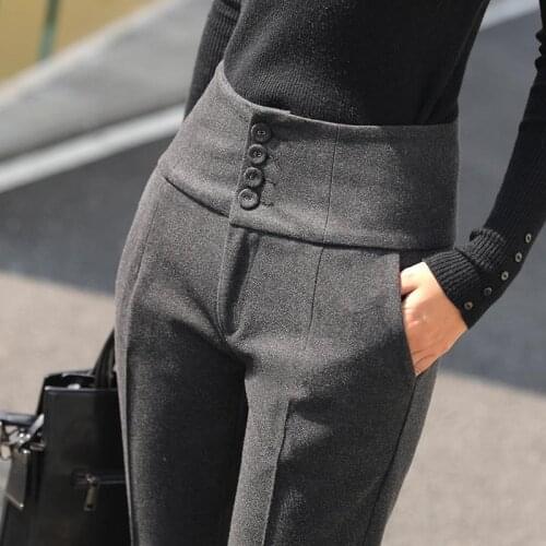Woolen Pants Women Autumn Winter Casual Suit Pants Ankle-Tied Straight High Waist Cropped Pants Vintage Streetwear Womens Pants