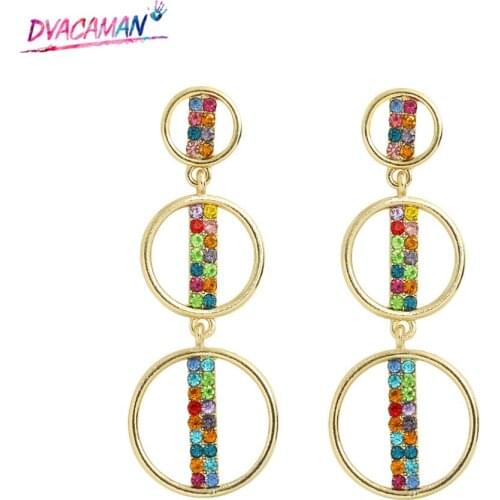 Dvacaman New Design Multi Layered Geometric Round Metal Long Drop Earrings for Women Luxury Rhinestone Hollow Statement Earrings