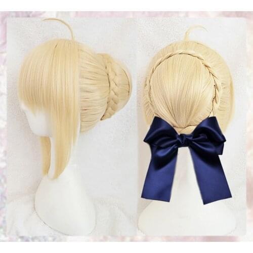 FGO Fate/stay night Arturia Pendragon Saber With Bun Wig Blonde Styled Cosplay Full Hair Wigs + Bow Hairpins