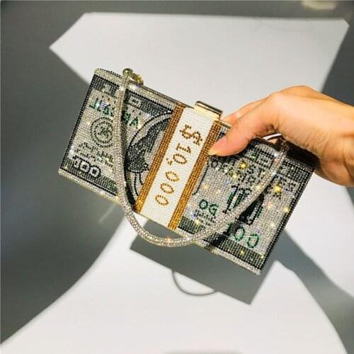 Famous Brand Money Clutch Rhinestone Purse Dollars Stack Of Cash Evening Handbags Shoulder Wedding Dinner Bag