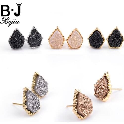 Bojiu Exquisite Stud Earrings Champagne Quartz Gold-color Natural Druzy Stone Earings New Jewelry Top Festival Gifts EA029