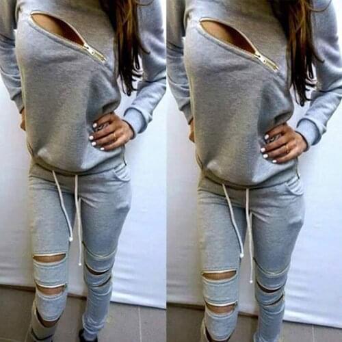 Hoodies Sweatpants Womens Sets Casual 2 Pieces Womens Clothing 2019 Spring Tracksuits Sportswear Female Zipper Hole Set