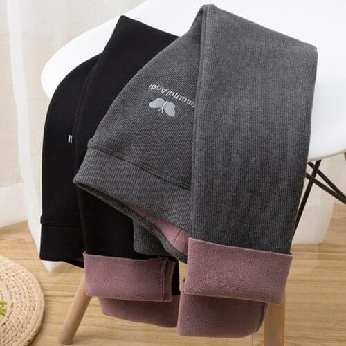Korean Winter Ribbed Cotton Velvet Leggings Warm Pants Women Embroidery Thicken High Waist Fitness Workout Fleece Leggings