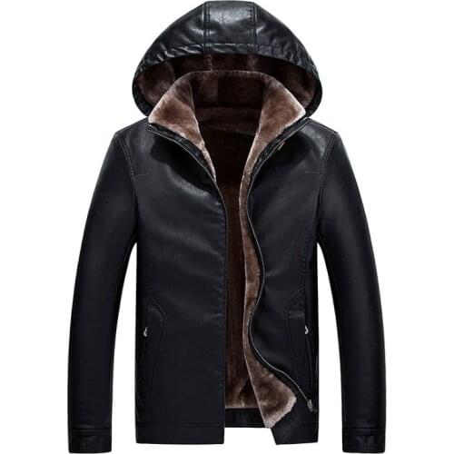 2019 Winter Leather Jacket Men Top Quality Faux Fur Coats New Thick Casual Male Hooded Leather Jackets