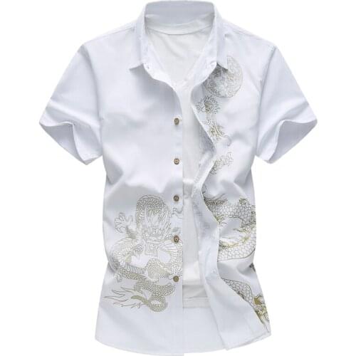 New Chinese Style Boys Short Sleeve Shirt Printed Dragon Shirt Business Casual Wine Red Blue Black Men Shirts Party Wedding 7xl