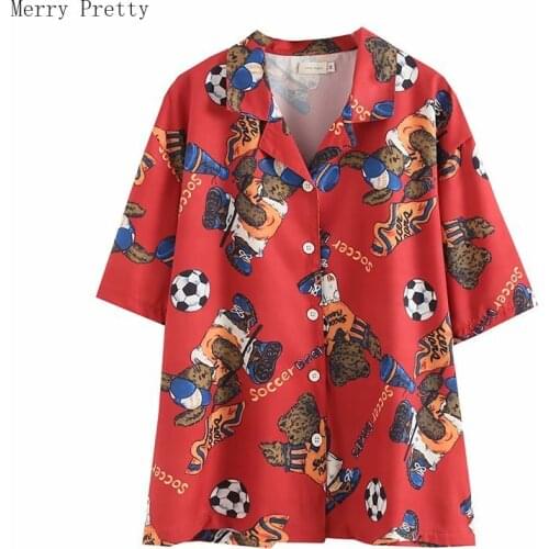 Women Cartoon Bear Print Graphic Shirts 2021 Summer Short Sleeve Turndown Collar Tops Single Breasted Casual Ladies Blouse