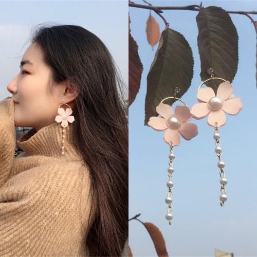 2020 New Fashion Circle Simulation Pearl Pink Flower Brincos Oorbellen Long Statement Beaded Tassel Drop Earrings Women Jewelry