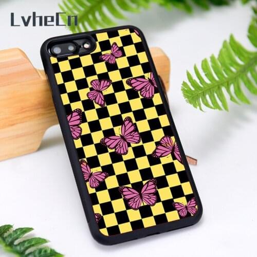 LvheCn Silicone Rubber Phone Case Cover for iPhone 6 6S 7 8 Plus X XS XR 11 12 Mini Pro Max Checkered butterfly Yellow