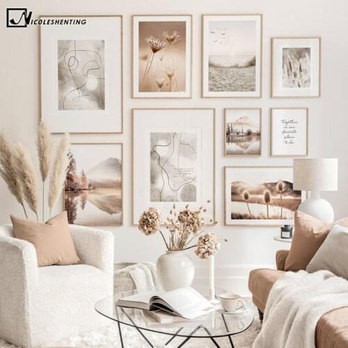 Nordic Beige Nature Landscape Poster Sunset Forest Grass Painting Scandinavian Canvas Print Wall Art Picture Home Decoration