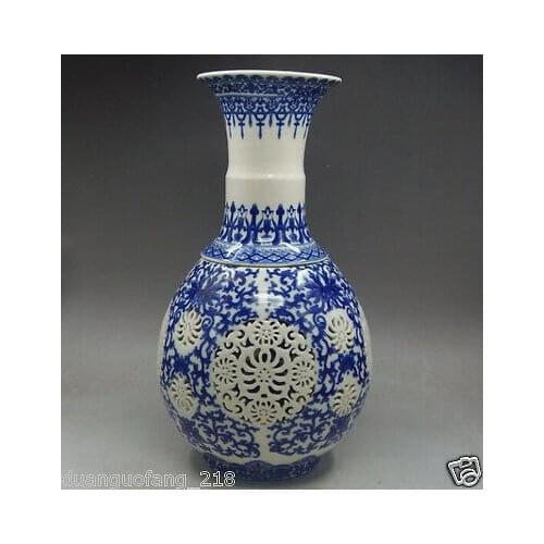 Old Collectible Jingdezhen Double Blue&white Porcelain Hollow Out Noble Big Vase