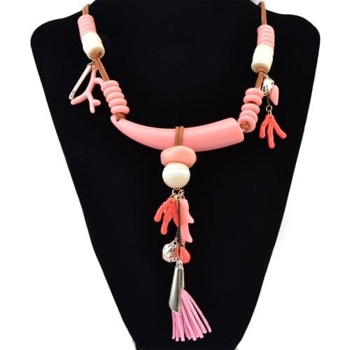Unique Ethnic Tribal Leather Chain Necklaces for Women Bohemain Pink Green Brown Beads Maxi Festival Indian Turkish Jewelry