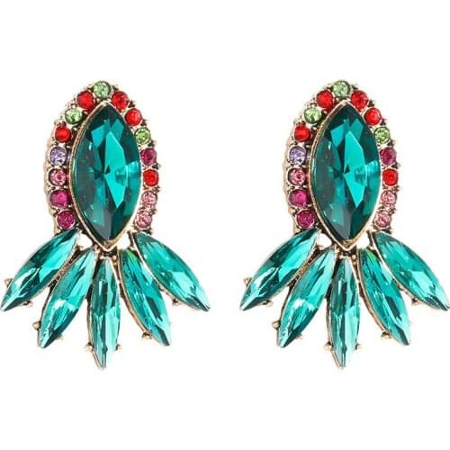 Hot Gold Color Deep Green Rhinestone Stud Earrings for Women Girls Fashion Ethnic Beads Hollow Earrings