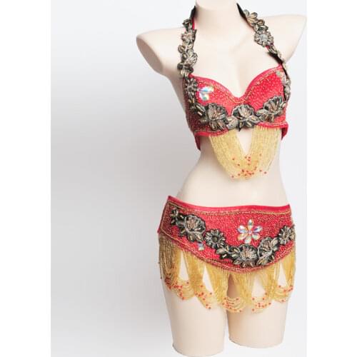Womens stage belly dancer costume belly dancing outfits Sexy dance wear belly dancing Tops Chain Bra and Belt dance suit