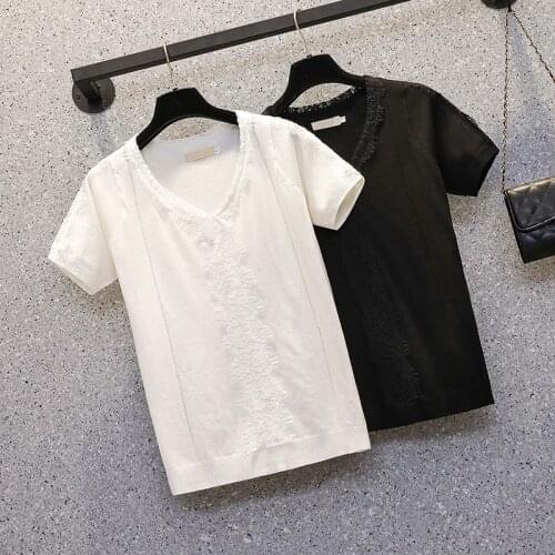 M-4XL large size women lace Patchwork kint sweater 2021 short sleeve v neck solid Oversized Summer thin pullover jersey mujer