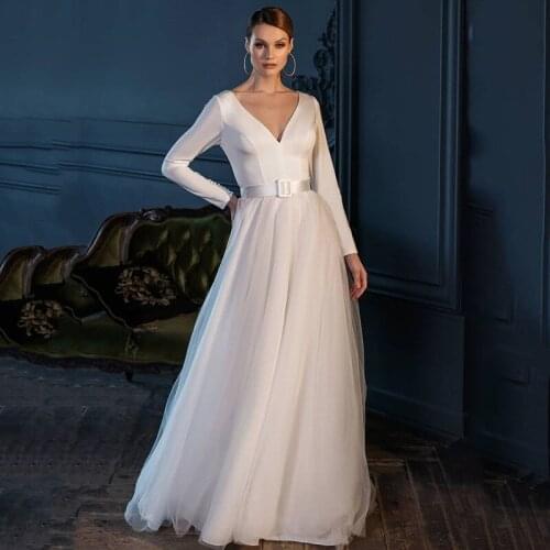 Eightree Simple White Long Sleeve Wedding Dresses 2021 Belt A Line Wedding Gowns Cheap Bride Dress Vestidos de Noiva
