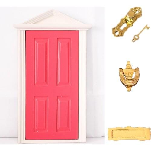 1 Set of 1:12 Scale Dollhouse Miniature Home Garden Decor External Open 4-Panel Rose Red Wooden Door with Hardware