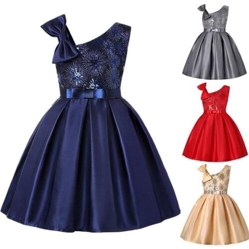 2019 Fashion Girls Sequin Dresses For Baby Girl Wedding Party Dress Elegant Kids One-shoulder Bow Belt Princess Evening Dress