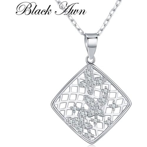 [BLACK AWN] 925 Sterling Silver Jewelry Square Elegant Necklaces Pendants Natural Butterfly Female Bijoux K019