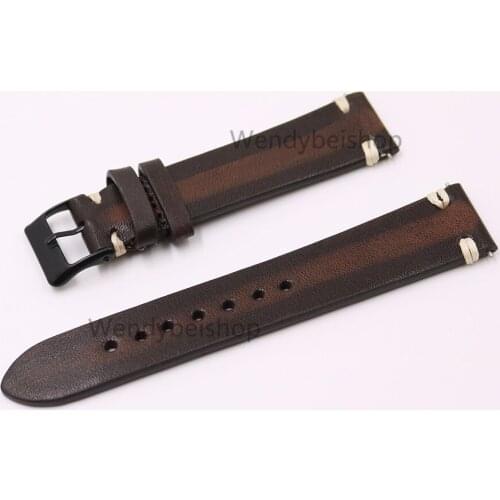CARLYWET 20mm Wholesale Man Women Handmade 3mm Thickness Leather Two Tone Brown VINTAGE Wrist Watch Band Strap Belt Black Buckle