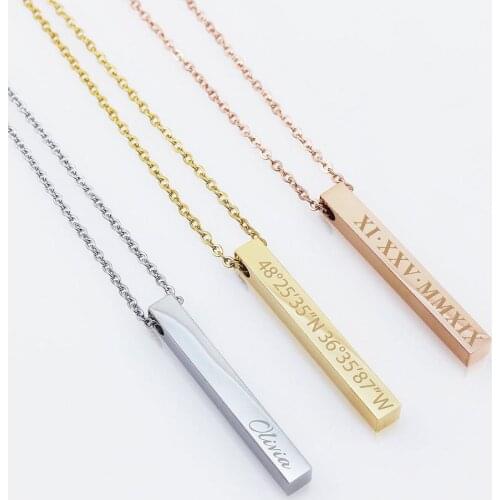 MYDIY Four Sides Engraving Personalized Square Bar Custom Name Necklace Stainless Steel Pendant Necklace Women/Men Gift