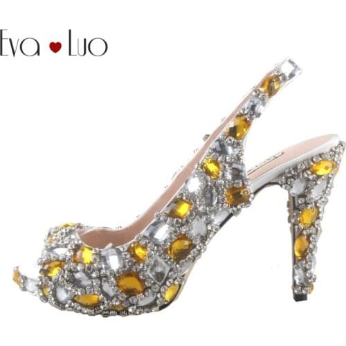 CHS475 Luxury Custom Handmade Crystal Yellow Gold Slingbacks Dress Pumps Bridal Wedding Shoes Big Size Women High Heels Shoes