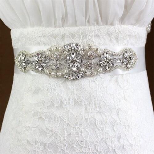 Cheap Pearl Crystal Wedding Sash Shining Rhinestones Glass Crystal Bridal Belt Wedding Party Bridesmaid Sash Satin Bride Sash