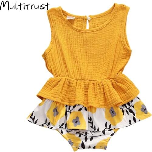 Toddler Baby Girls Romper Clothes Linen Summer Baby Kids Girls Sunflower Leopard Print Ruffles Rompers Jumpsuits Infant Roupas