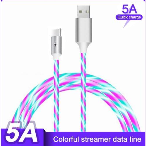 5A Fast Charging USB Colorful LED Flowing Cable For IOS Micro USB Type C Charger Core Wire For iphone 12 pro xiaomi 11 huawei