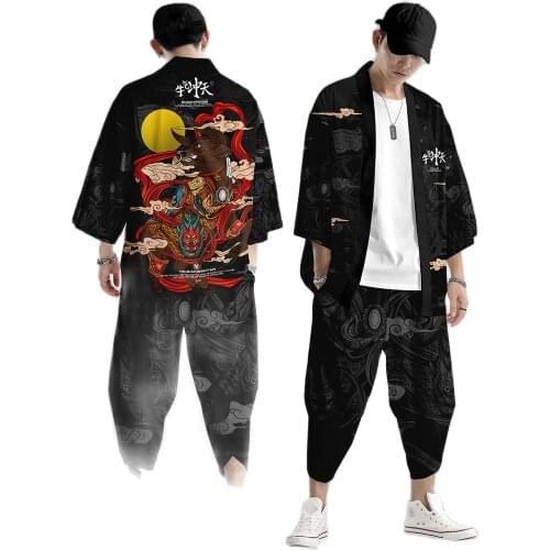 Kimono Man Japanese Clothes Yukata Male Samurai Costume Haori Obi Mens Kimono Cardigan Japanese Streetwear Jacket Pants DE37