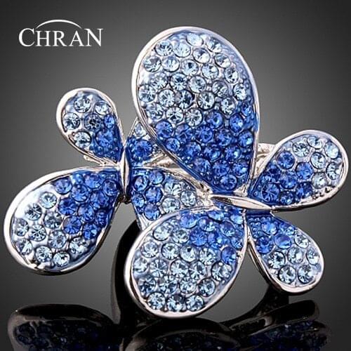 CHRAN Rhodium Plated Crystal Party Jewelry Rings Ladies Gifts Classic Charm Butterfly Design Finger Rings for Women