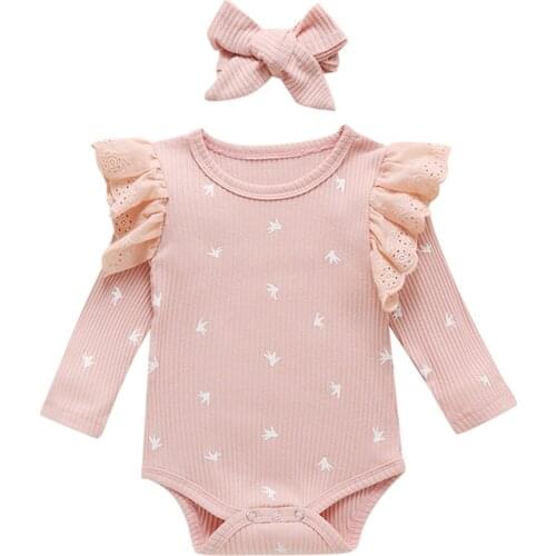 Babys Spring Autumn Clothes Sets Ruffles Long Sleeve Knitted Bodysuit and Headwear Two-piece Suit for Infant Baby Girls