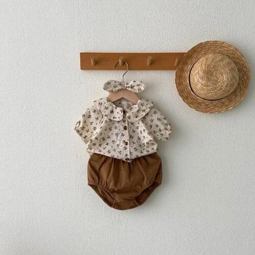 2Pcs Baby Girl Clothes Set Newborn Floral Tops+Muslin Linen Bloomers Outfits Korean Newborn Clothing Korean Girls Summer Suit