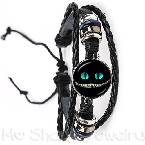 Alice In Wonderland Bracelets Cheshire Cat Glass Round Dome DIY Jewelry Black/Brown 2 Color Leather Bangle For Men Women Gift